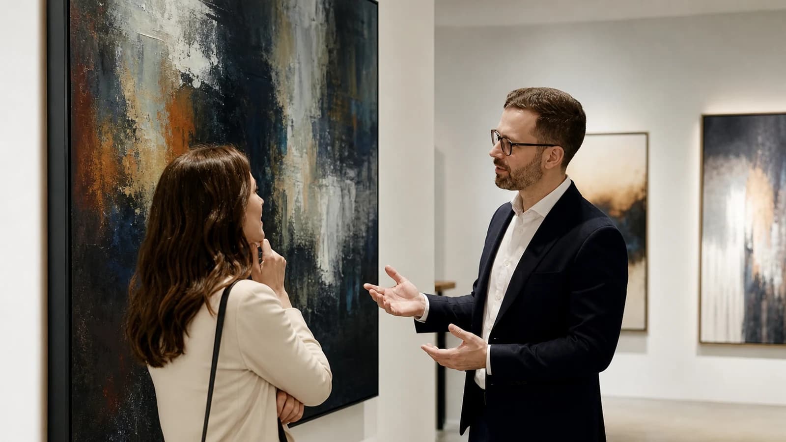 Kunstinteressierte Person im Gespräch mit einem Verkäufer in einer modernen Galerie.